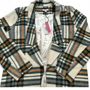 ANDREE BY UNIT Plaid Pea Coat Women L Green, Gold, Cream; open jacket, cardigan.